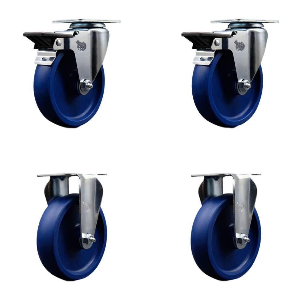 Solid Polyurethane Swivel Top Plate Caster Set of 4 with 5 Inch Blue Wheels - Includes 2 Swivel with Posi Locking Brakes and 2 Rigid - 1200 lbs. Total Capacity - Service Caster Brand — photo 1