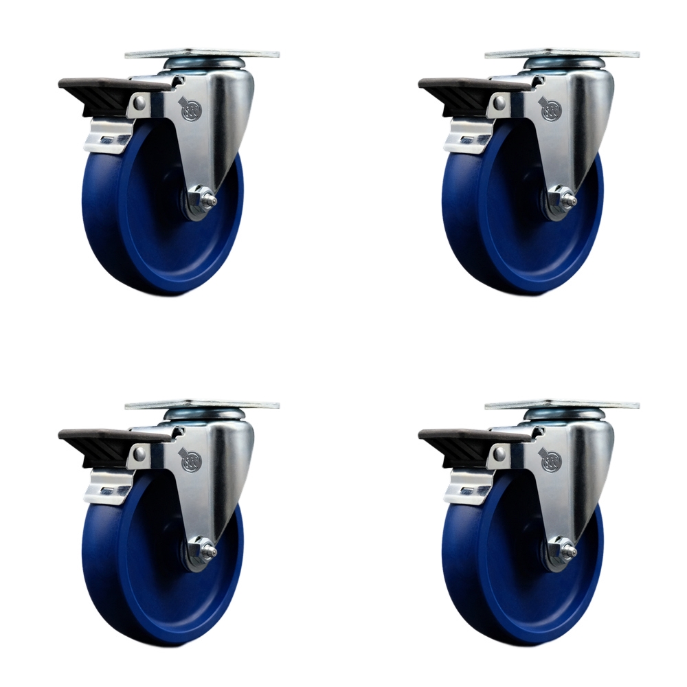 Solid Polyurethane Swivel Top Plate Caster Set of 4 with 5 Inch Blue Wheels - Includes 4 Swivel with Posi Lock Brakes - 1200 lbs. Total Capacity - Service Caster Brand — photo 1