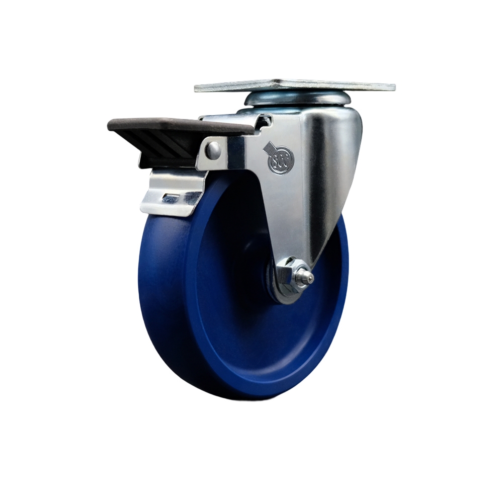 Solid Polyurethane Swivel Top Plate Swivel Caster with 5 Inch Blue Wheel and Posi Locking Brake - 300 lbs. Capacity Per Caster - Service Caster Brand — photo 1