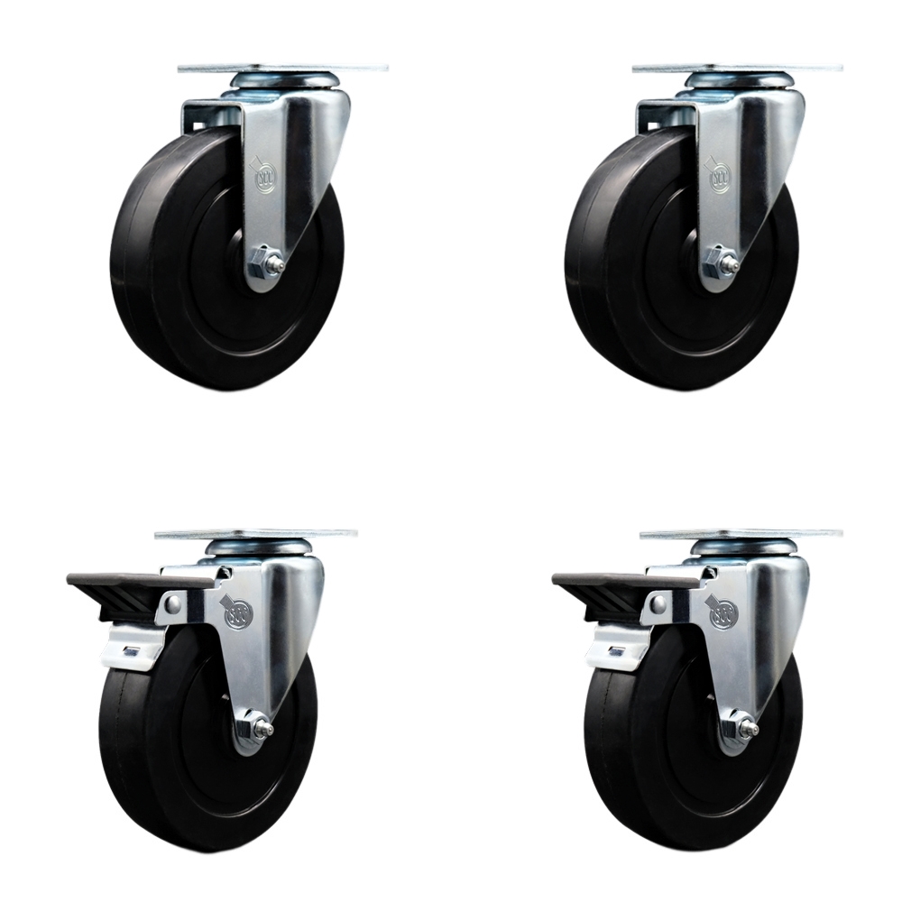 Soft Rubber Swivel Top Plate Caster Set of 4 with 5 Inch Black Wheels - Includes 2 Swivel with Posi Locking Brakes and 2 Swivel - 1100 lbs. Total Capacity - Service Caster Brand — photo 1