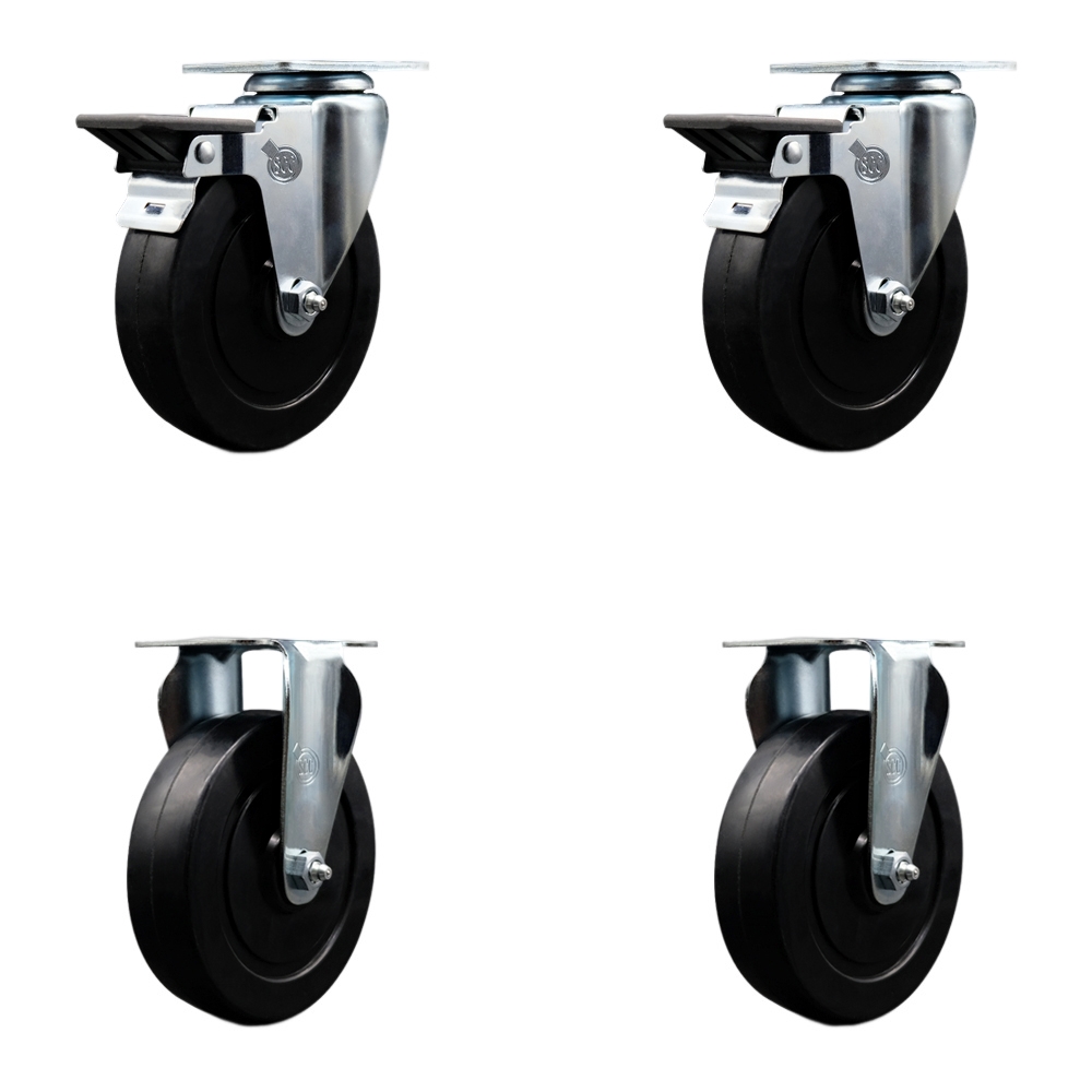 Soft Rubber Swivel Top Plate Caster Set of 4 with 5 Inch Black Wheels - Includes 2 Swivel with Posi Locking Brakes and 2 Rigid - 1100 lbs. Total Capacity - Service Caster Brand — photo 1