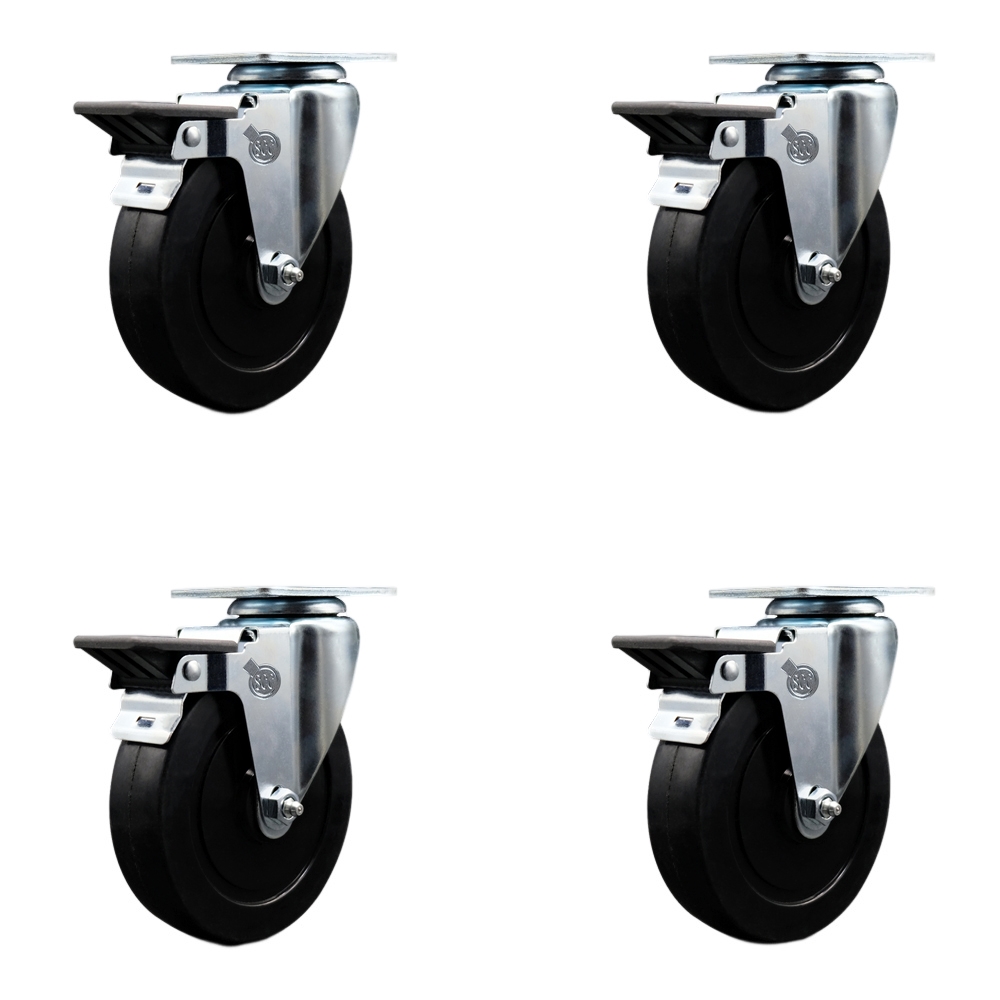 Soft Rubber Swivel Top Plate Caster Set of 4 with 5 Inch Black Wheels - Includes 4 Swivel with Posi Lock Brakes - 1100 lbs. Total Capacity - Service Caster Brand — photo 1