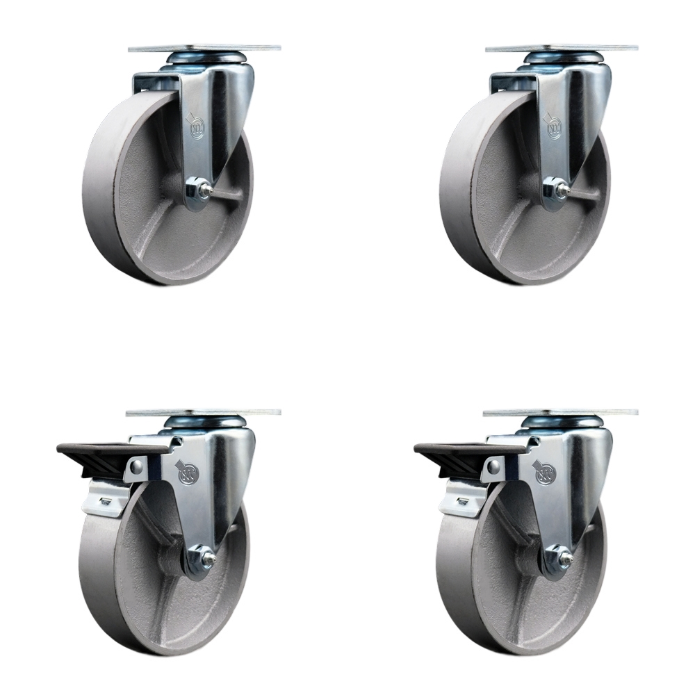 Semi Steel Cast Iron Swivel Top Plate Caster Set of 4 with 5 Inch Silver Wheels - Includes 2 Swivel with Posi Locking Brakes and 2 Swivel - 1200 lbs. Total Capacity - Service Caster Brand — photo 1