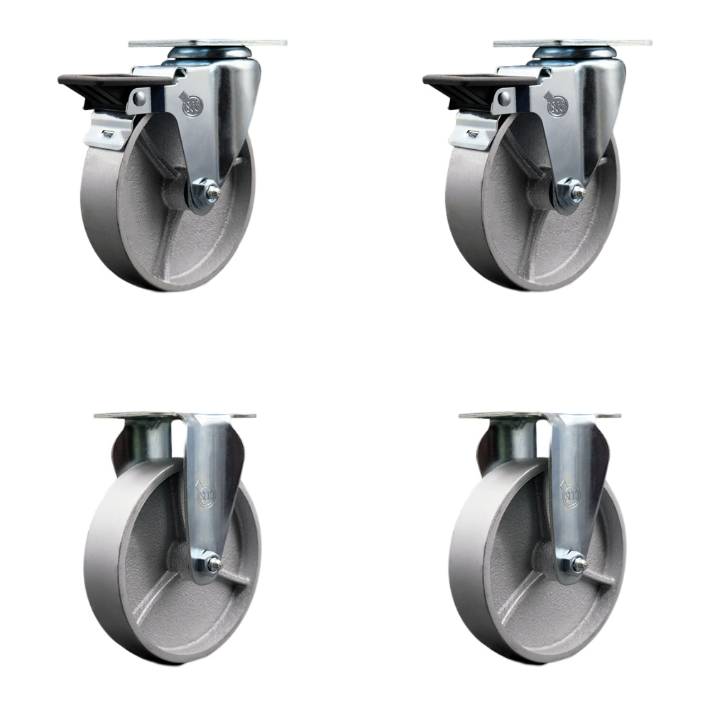 Semi Steel Cast Iron Swivel Top Plate Caster Set of 4 with 5 Inch Silver Wheels - Includes 2 Swivel with Posi Locking Brakes and 2 Rigid - 1200 lbs. Total Capacity - Service Caster Brand — photo 1