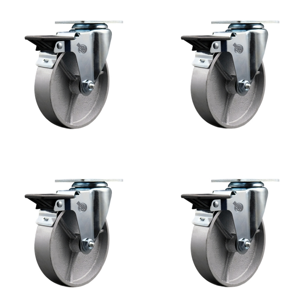 Semi Steel Cast Iron Swivel Top Plate Caster Set of 4 with 5 Inch Silver Wheels - Includes 4 Swivel with Posi Lock Brakes - 1200 lbs. Total Capacity - Service Caster Brand — photo 1