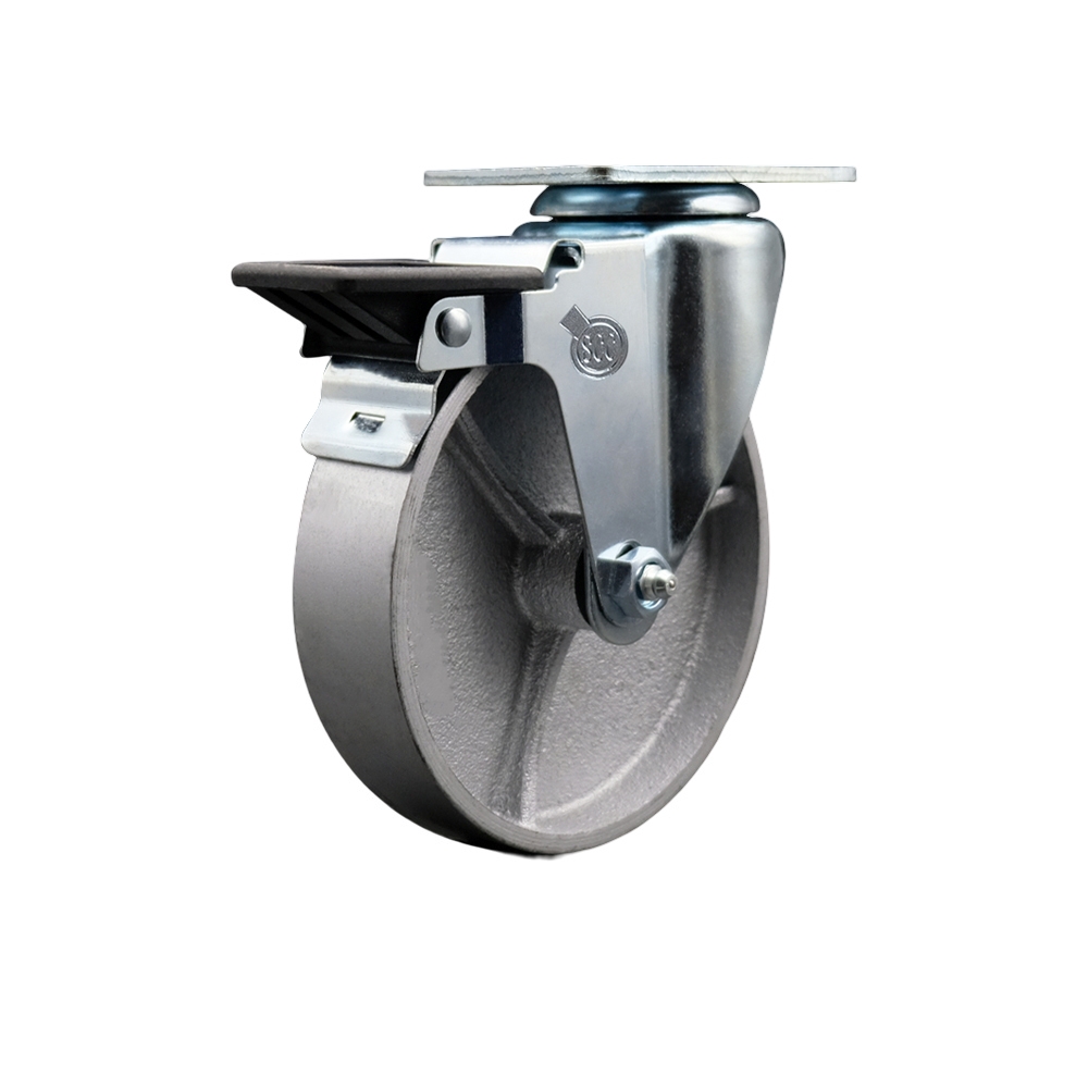 Semi Steel Cast Iron Swivel Top Plate Swivel Caster with 5 Inch Silver Wheel and Posi Locking Brake - 300 lbs. Capacity Per Caster - Service Caster Brand — photo 1