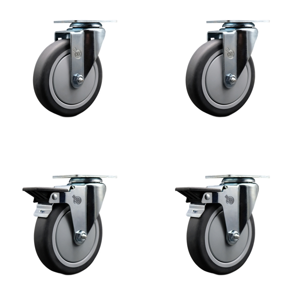 Thermoplastic Rubber Swivel Top Plate Caster Set of 4 with 5 Inch Gray Wheels - Includes 2 Swivel with Posi Locking Brakes and 2 Swivel - 1200 lbs. Total Capacity - Service Caster Brand — photo 1