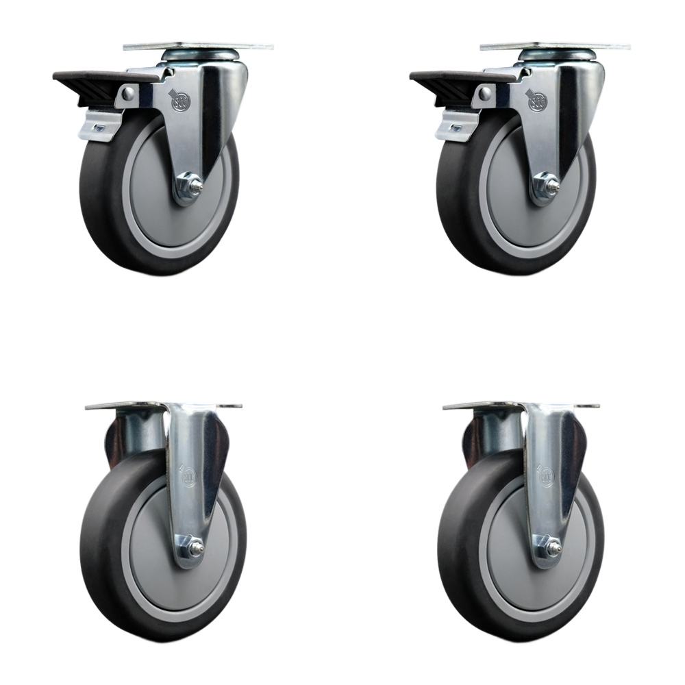 Thermoplastic Rubber Swivel Top Plate Caster Set of 4 with 5 Inch Gray Wheels - Includes 2 Swivel with Posi Locking Brakes and 2 Rigid - 1200 lbs. Total Capacity - Service Caster Brand — photo 1