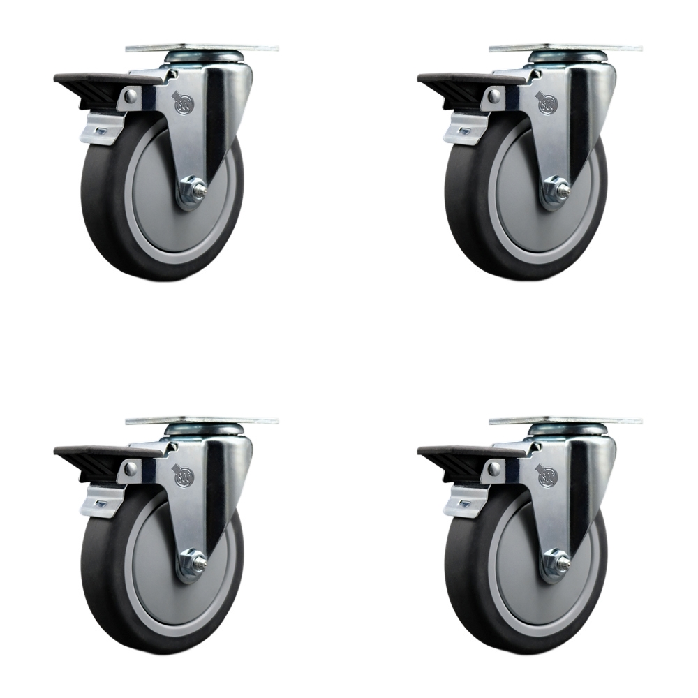 Thermoplastic Rubber Swivel Top Plate Caster Set of 4 with 5 Inch Gray Wheels - Includes 4 Swivel with Posi Lock Brakes - 1200 lbs. Total Capacity - Service Caster Brand — photo 1