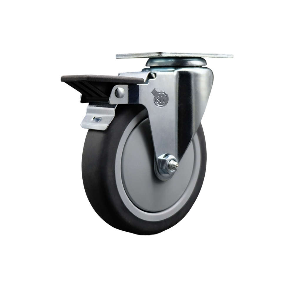 Thermoplastic Rubber Swivel Top Plate Swivel Caster with 5 Inch Gray Wheel and Posi Locking Brake - 300 lbs. Capacity Per Caster - Service Caster Brand — photo 1