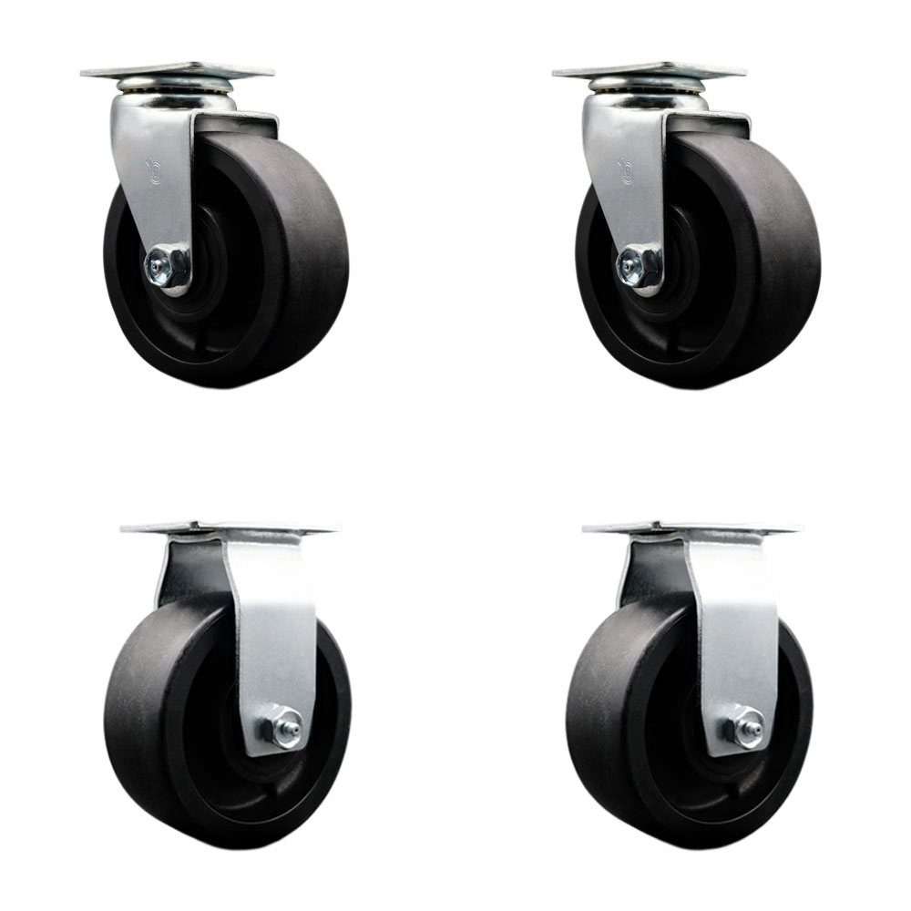 Swivel and Rigid Top Plate Caster Set – Black 5 Inch by 2 Inch Glass Filled Nylon Wheel – Roller Bearing – 1,800 lbs. Total Capacity – Includes 2 Swivel and 2 Rigid Casters – Service Caster Brand — photo 1