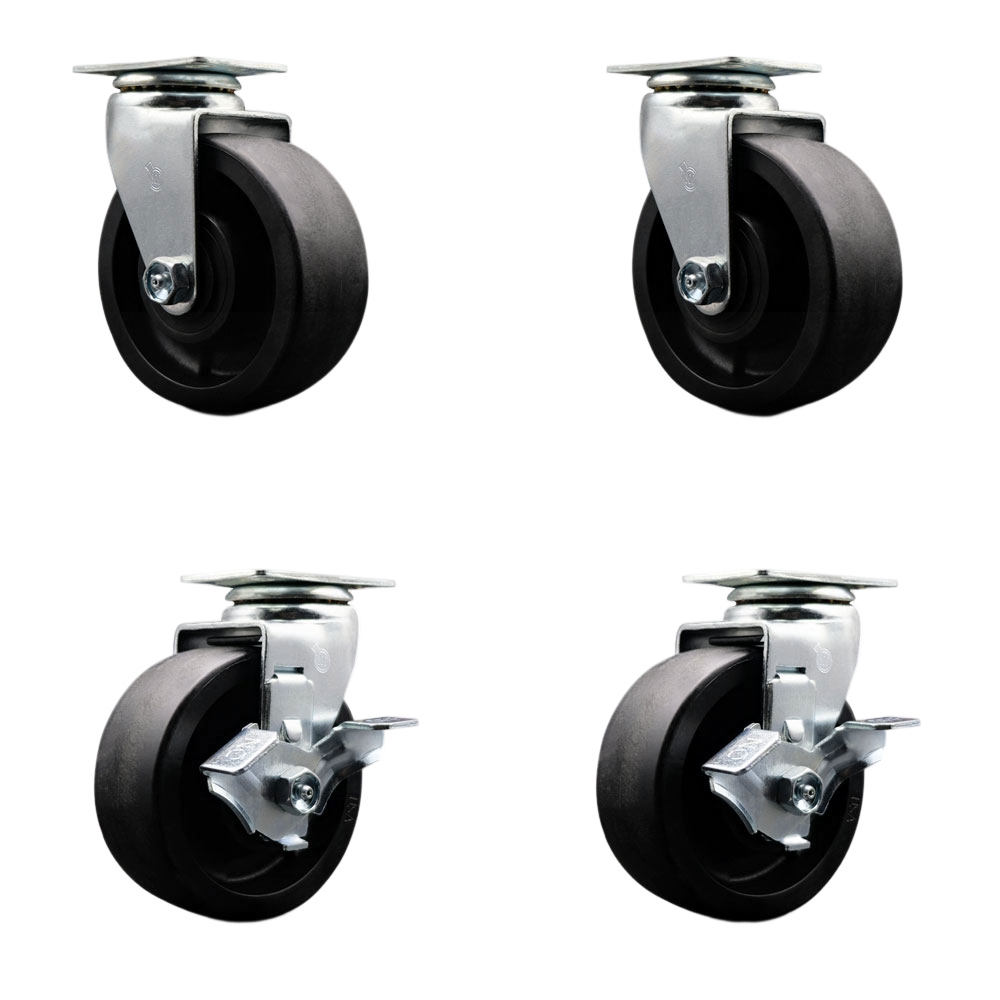 Tool Box Caster Wheel Set - 5 Inch Flat Free, Zero Maintenance Glass Filled Nylon Wheels - Industrial Grade - 2 Swivel with Top Lock Brakes - Service Caster Brand — photo 1