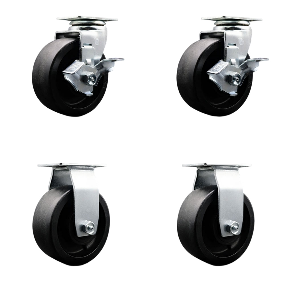 Tool Box Caster Wheel Set - 5 Inch Flat Free, Easy Rolling Glass Filled Nylon Wheels - Industrial Grade - 2 Swivel with Top Lock Brakes - Service Caster Brand — photo 1