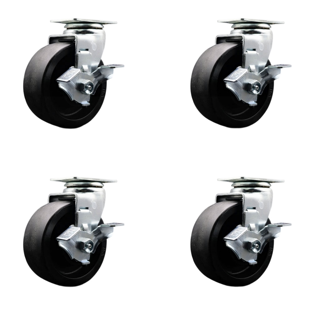 Tool Box Caster Wheel Set - 5 Inch Flat Free, Zero Maintenance Glass Filled Nylon Wheels - Industrial Grade - 4 Swivel Casters with Top Lock Brakes - Service Caster Brand — photo 1