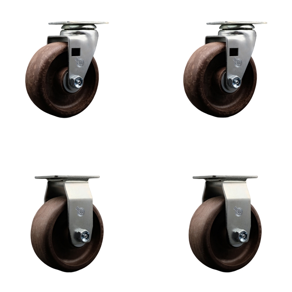 Swivel and Rigid Plate Caster Set–Brown 5 Inch by 2 Inch High Temperature Glass Filled Nylon Wheel–Bronze Bearing–1,800 lbs. Total Capacity–Includes 2 Swivel and 2 Rigid Casters – Service Caster Brand — photo 1