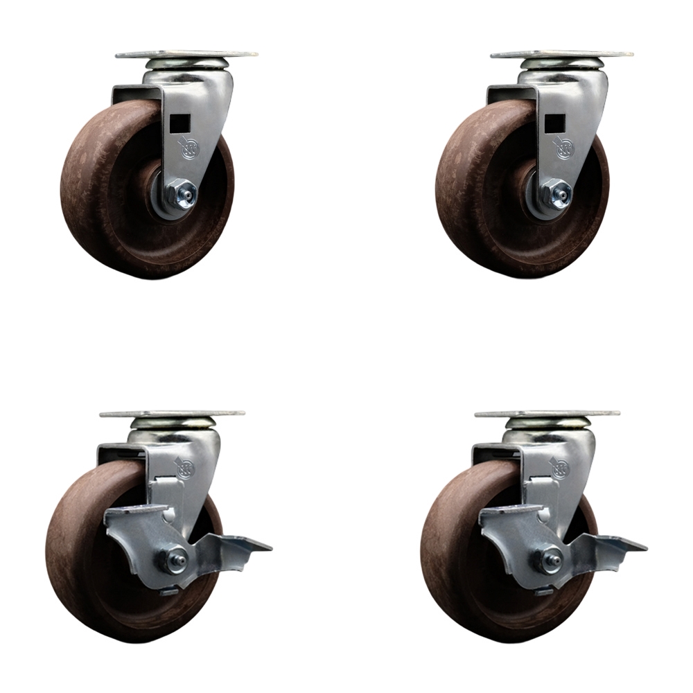 Swivel Top Plate Caster Set–Brown 5 Inch by 2 Inch High Temperature Glass Filled Nylon Wheel–Roller Bearing–1,800lbs. Total Capacity–Includes 2 Locking Casters and 2 Swivel Caster–Service Caster Brand — photo 1