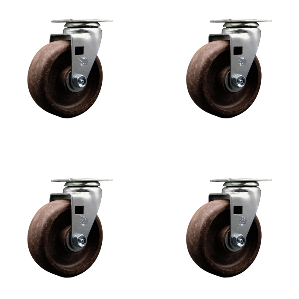 Swivel Top Plate Caster Set – Brown 5 Inch by 2 Inch High Temperature Glass Filled Nylon Wheel – Roller Bearing – 1,800 lbs. Total Capacity – Includes 4 Swivel Casters – Service Caster Brand — photo 1