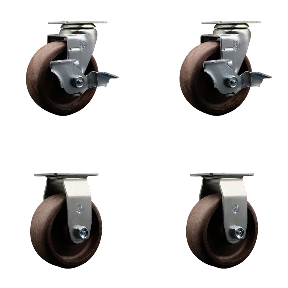 Swivel and Rigid Plate Caster Set–Brown 5 Inch by 2 Inch High Temp Glass Filled Nylon Wheel–Roller Bearing–1,800lbs. Total Capacity–Includes 2 Locking Swivel and 2 Rigid Casters–Service Caster Brand — photo 1