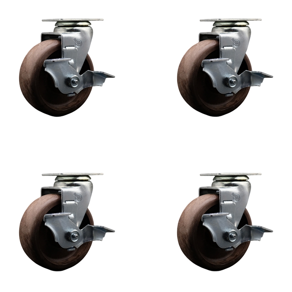 Swivel Top Plate Caster Set–Brown 5 Inch by 2 Inch High Temperature Glass Filled Nylon Wheel–Bronze Bearing–1,800 lbs. Total Capacity–Includes 4 Swivel Casters with Locking Brakes–Service Caster Brand — photo 1