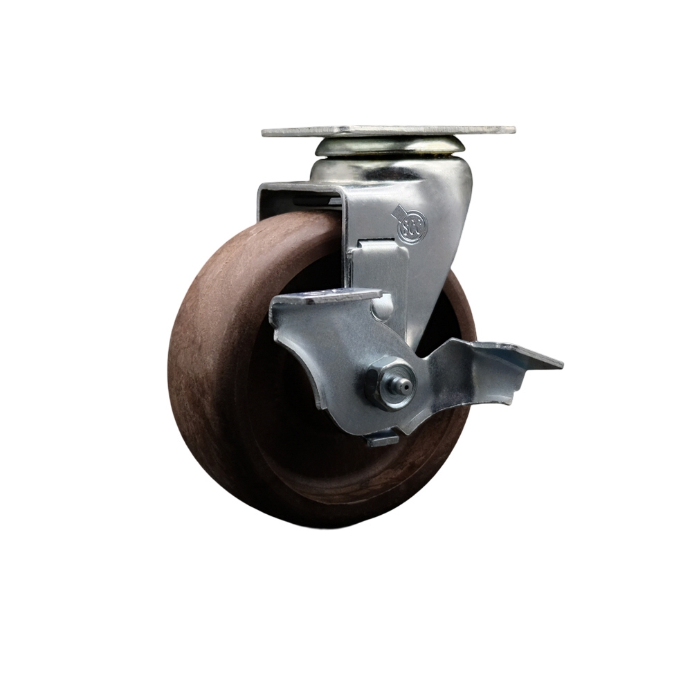 Swivel Top Plate Caster – Brown 5 Inch by 2 Inch High Temperature Glass Filled Nylon Wheel – Roller Bearing – 450 lbs. Capacity Per Caster – Includes Top Locking Brake - Service Caster Brand — photo 1
