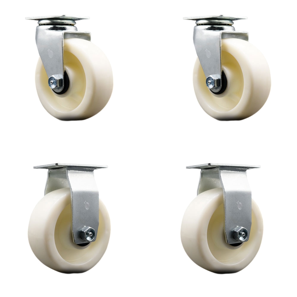 Swivel and Rigid Top Plate Caster Set – White 5 Inch by 2 Inch Nylon Wheel – Ball Bearing – 1,800 lbs. Total Capacity – Includes 2 Swivel and 2 Rigid Casters – Service Caster Brand — photo 1