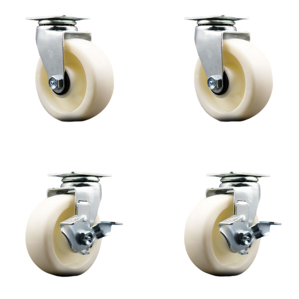 Swivel Top Plate Caster Set – White 5 Inch by 2 Inch Nylon Wheel – Ball Bearing – 1,800 lbs. Total Capacity – Includes 2 Locking Swivel Casters and 2 Swivel Casters – Service Caster Brand — photo 1