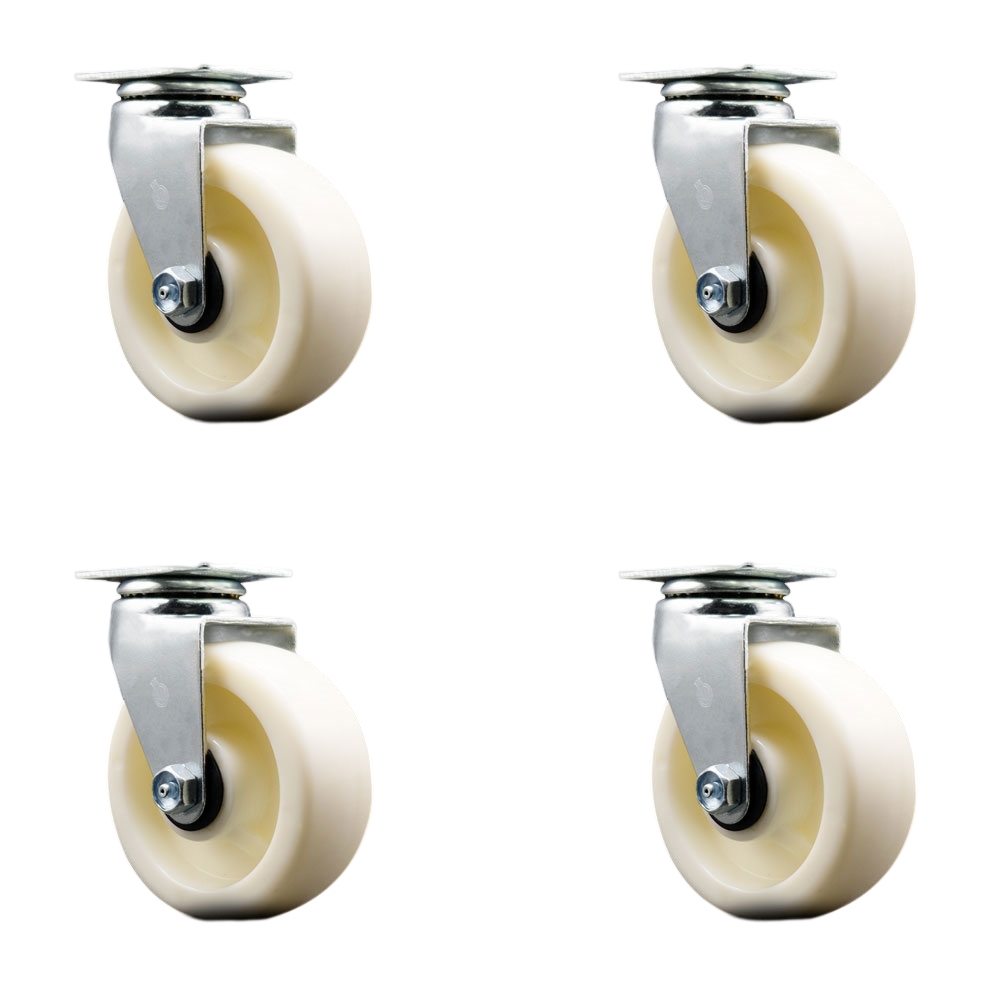 Swivel Top Plate Caster Set – White 5 Inch by 2 Inch Nylon Wheel – Roller Bearing – 1,800 lbs. Total Capacity – Includes 4 Swivel Casters – Service Caster Brand — photo 1