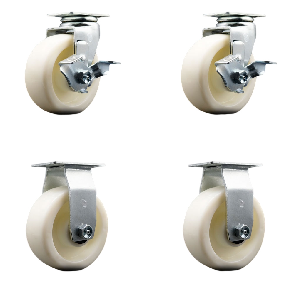 Swivel and Rigid Plate Caster Set – White 5 Inch by 2 Inch Nylon Wheel – Ball Bearing – 1,800 lbs. Total Capacity – Includes 2 Locking Swivel and 2 Rigid Casters – Service Caster Brand — photo 1