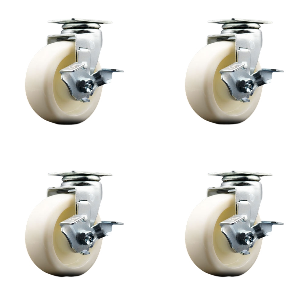 Swivel Top Plate Caster Set – White 5 Inch by 2 Inch Nylon Wheel – Ball Bearing – 1,800 lbs. Total Capacity – Includes 4 Swivel Casters with Top Locking Brakes – Service Caster Brand — photo 1