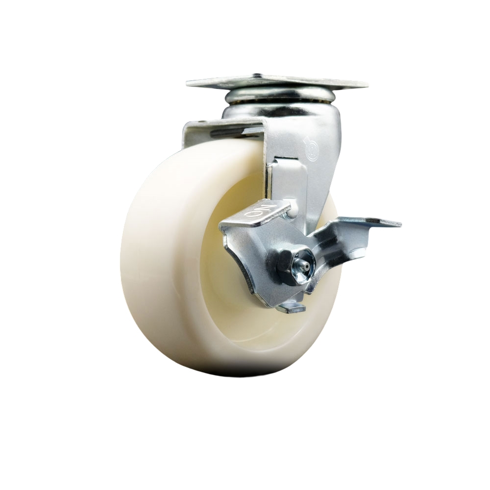 Swivel Top Plate Caster – White 5 Inch by 2 Inch Nylon Wheel – Roller Bearing – 450 lbs. Capacity Per Caster – Includes Top Locking Brake - Service Caster Brand — photo 1