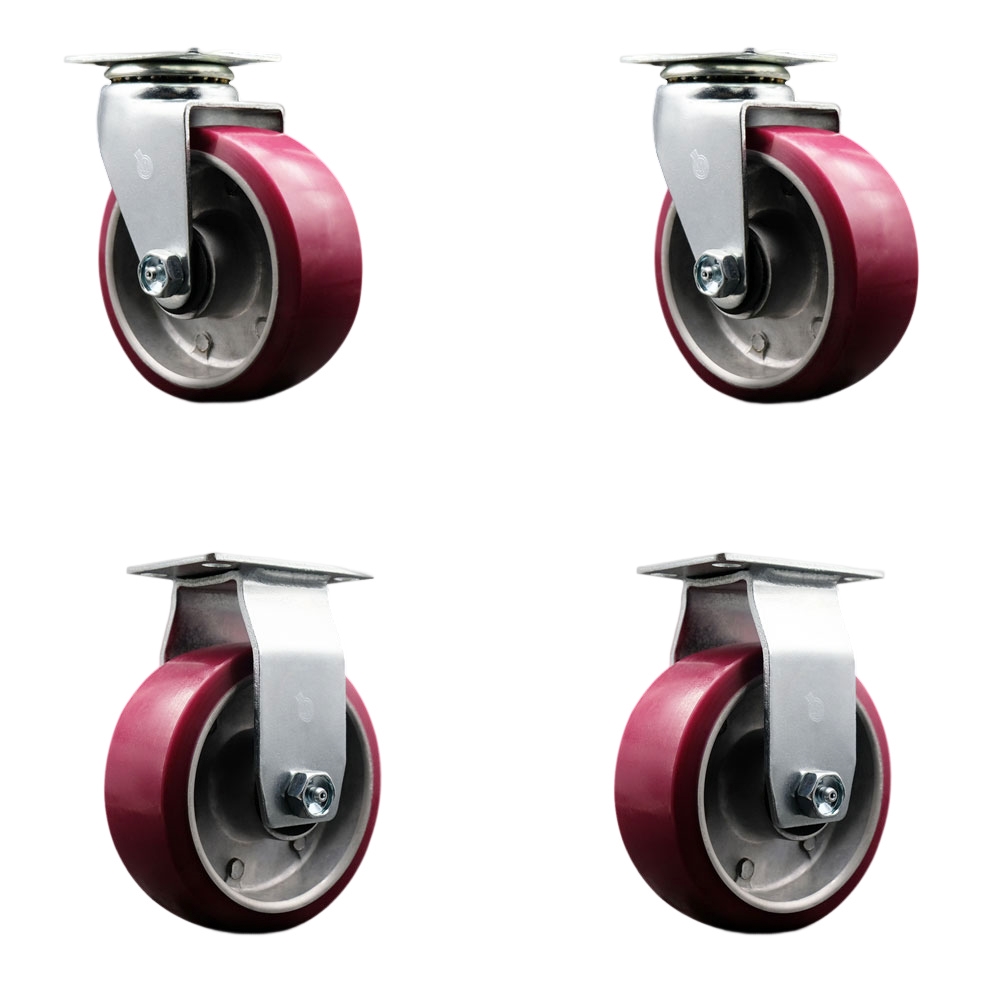 Swivel and Rigid Top Plate Caster Set – Maroon 5 Inch by 2 Inch Polyurethane on Aluminum Wheel – Ball Bearing – 1,800 lbs. Total Capacity – Includes 2 Swivel and 2 Rigid Casters–Service Caster Brand — photo 1
