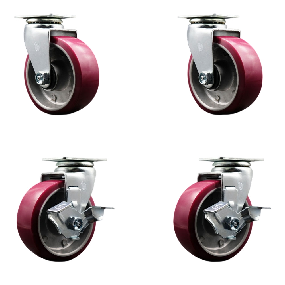 Swivel Top Plate Caster Set – Maroon 5 Inch by 2 Inch Poly on Aluminum Wheel – Ball Bearing – 1,800 lbs. Total Capacity – Includes 2 Locking Swivel Casters and 2 Swivel Casters– Service Caster Brand — photo 1