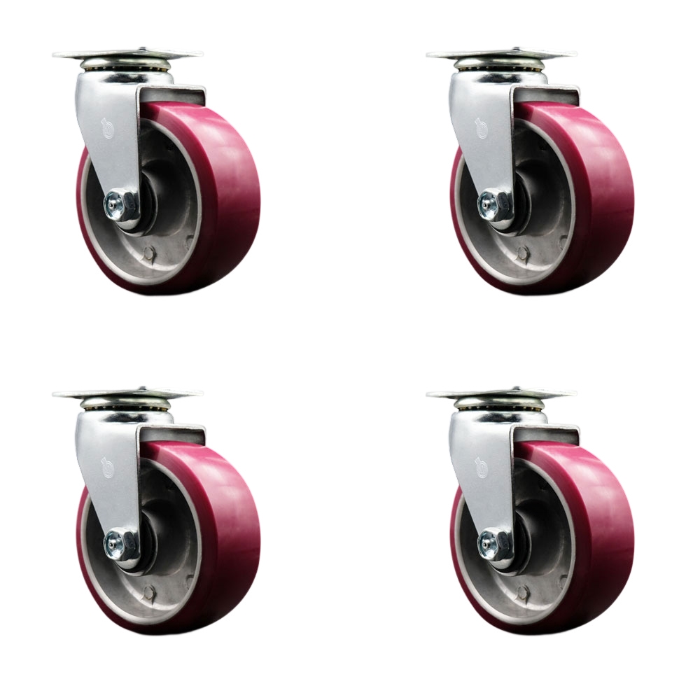 Swivel Top Plate Caster Set – Maroon 5 Inch by 2 Inch Polyurethane on Aluminum Wheel – Ball Bearing – 1,800 lbs. Total Capacity – Includes 4 Swivel Casters – Service Caster Brand — photo 1
