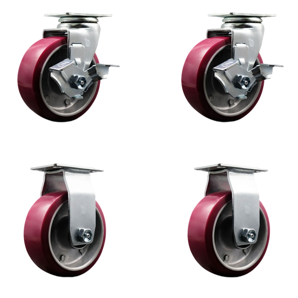 Swivel and Rigid Plate Caster Set – Maroon 5 Inch by 2 Inch Polyurethane on Aluminum Wheel – Ball Bearing–1,800 lbs. Total Capacity–Includes 2 Locking Swivel and 2 Rigid Casters–Service Caster Brand — photo 1