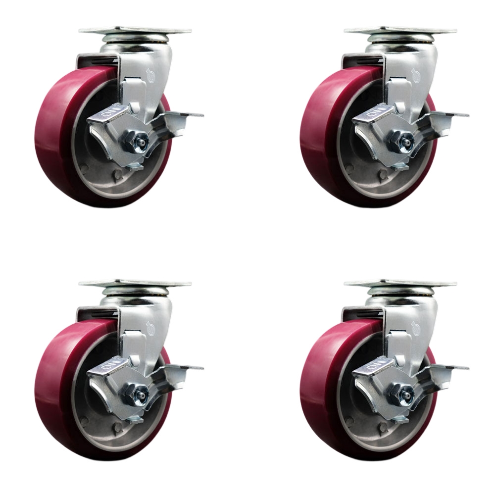 Swivel Top Plate Caster Set – Maroon 5 Inch by 2 Inch Polyurethane on Aluminum Wheel – Roller Bearing – 1,800 lbs. Total Capacity–Includes 4 Swivel Casters with Top Locking Brakes–Service Caster Brand — photo 1