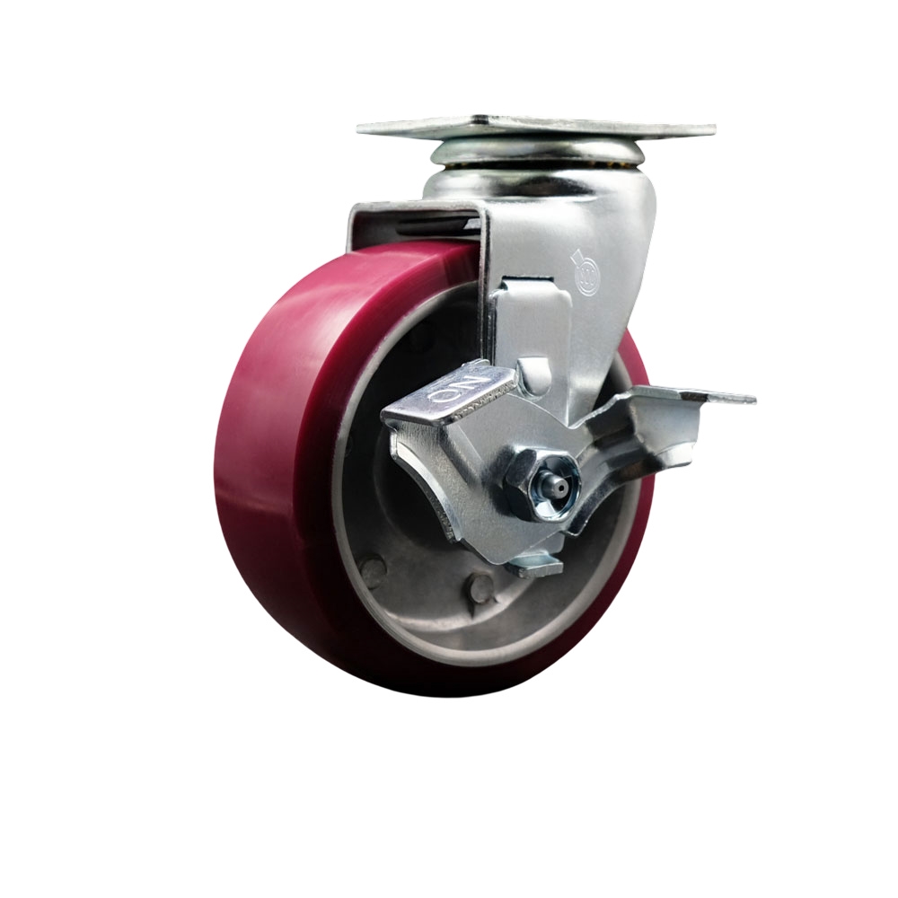 Swivel Top Plate Caster – Maroon 5 Inch by 2 Inch Polyurethane on Aluminum Wheel – Ball Bearing – 450 lbs. Capacity Per Caster – Includes Top Locking Brake - Service Caster Brand — photo 1