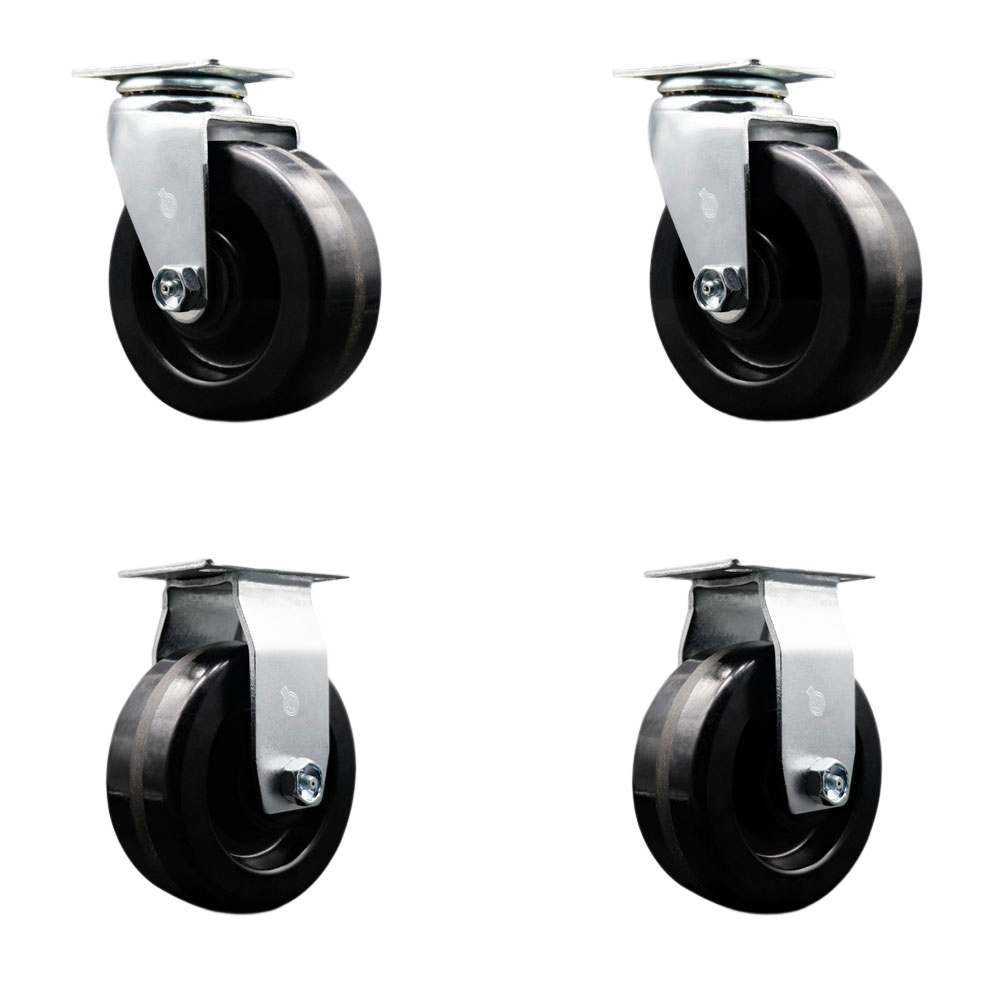 Swivel and Rigid Top Plate Caster Set – Black 5 Inch by 2 Inch Phenolic Wheel – Roller Bearing – 1,800 lbs. Total Capacity – Includes 2 Swivel and 2 Rigid Casters – Service Caster Brand — photo 1