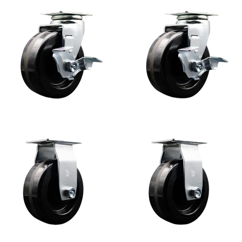 Swivel and Rigid Plate Caster Set – Black 5 Inch by 2 Inch Phenolic Wheel – Roller Bearing – 1,800 lbs. Total Capacity – Includes 2 Locking Swivel and 2 Rigid Casters – Service Caster Brand — photo 1
