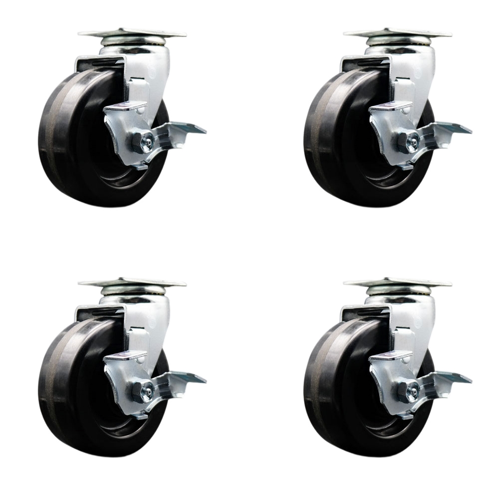 Swivel Top Plate Caster Set – Black 5 Inch by 2 Inch Phenolic Wheel – Roller Bearing – 1,800 lbs. Total Capacity – Includes 4 Swivel Casters with Top Locking Brakes – Service Caster Brand — photo 1
