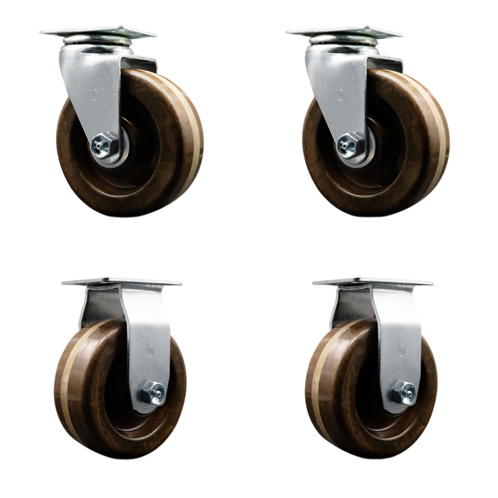 Swivel and Rigid Plate Caster Set – Black 5 Inch by 2 Inch High Temperature Phenolic Wheel – Bronze Bearing–1,800 lbs. Total Capacity –Includes 2 Swivel and 2 Rigid Casters – Service Caster Brand — photo 1