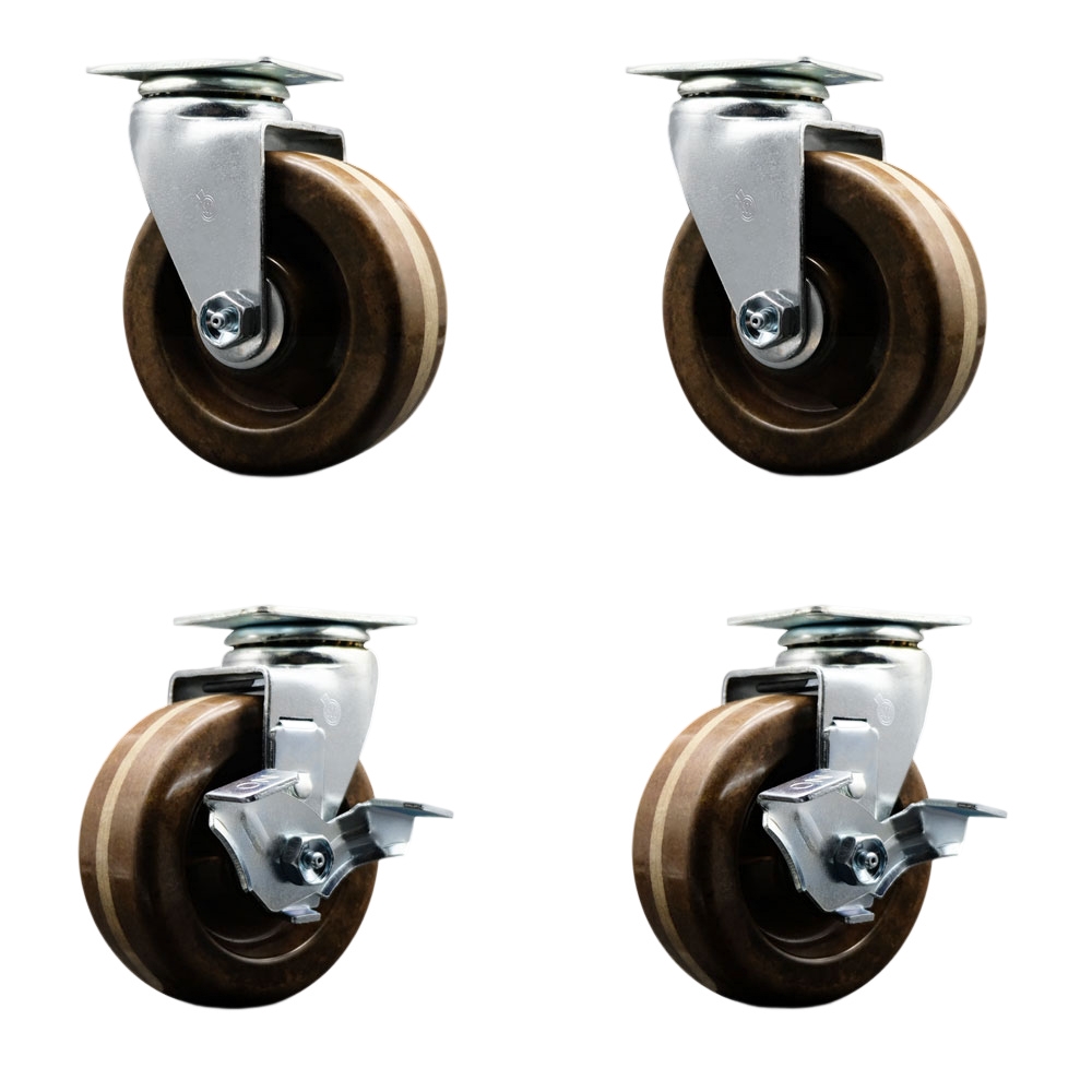 Swivel Top Plate Caster Set – Black 5 Inch by 2 Inch High Temperature Phenolic Wheel –Bronze Bearing–1,800 lbs. Total Capacity–Includes 2 Locking Casters and 2 Swivel Casters–Service Caster Brand — photo 1