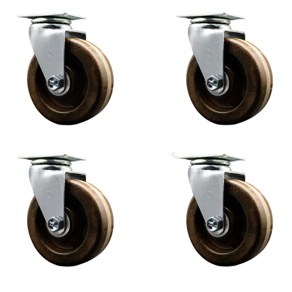 Swivel Top Plate Caster Set – Brown 5 Inch by 2 Inch High Temperature Phenolic Wheel – Roller Bearing – 1,800 lbs. Total Capacity – Includes 4 Swivel Casters – Service Caster Brand — photo 1