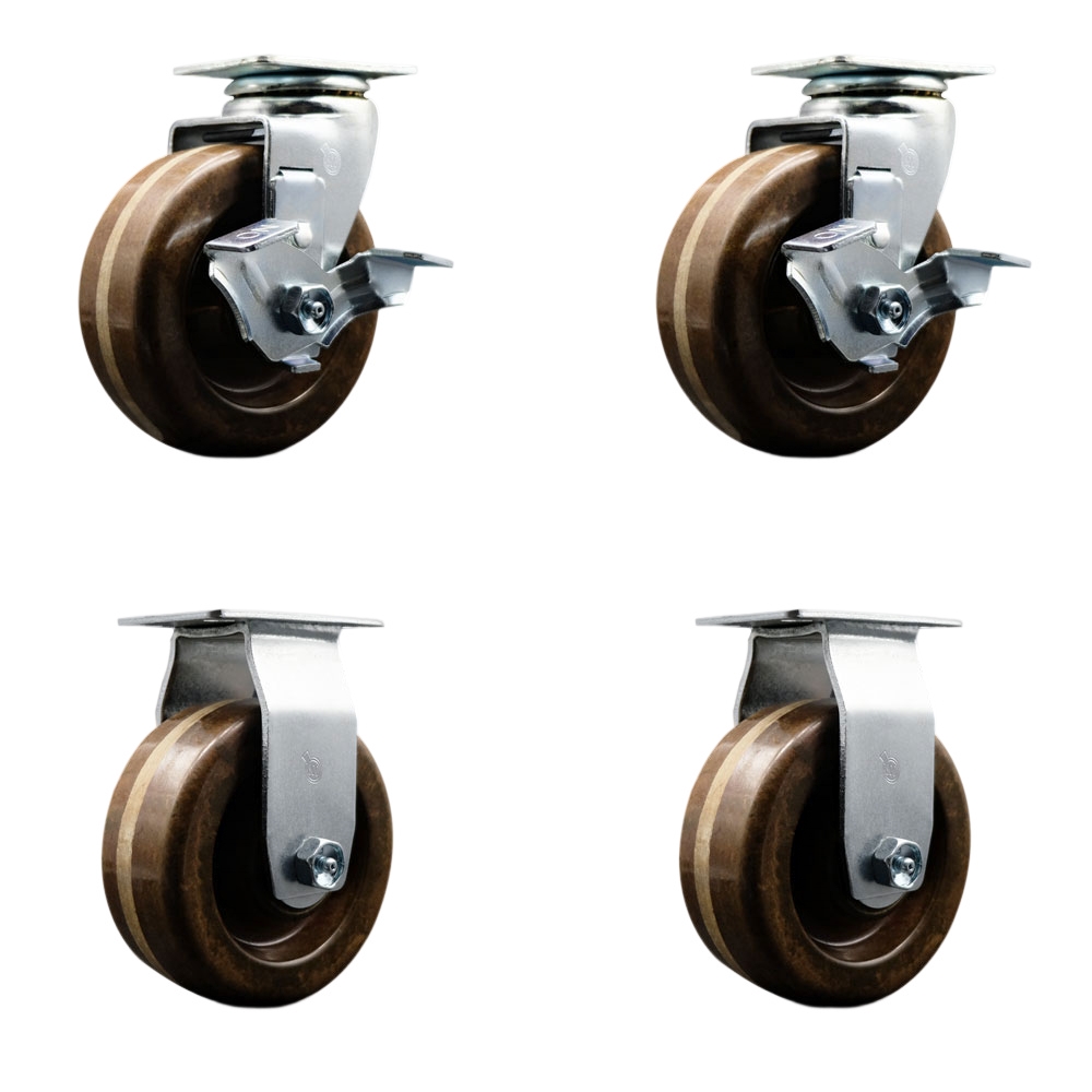 Swivel and Rigid Plate Caster Set – Black 5 Inch by 2 Inch High Temperature Phenolic Wheel – Bronze Bearing–1,800 lbs. Total Capacity–Includes 2 Locking Swivel and 2 Rigid Casters–Service Caster Brand — photo 1