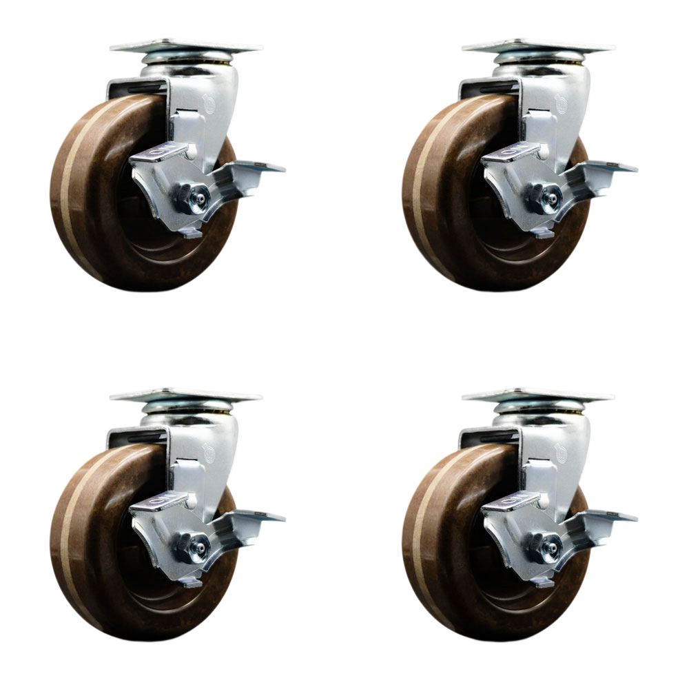 Swivel Top Plate Caster Set – Brown 5 Inch by 2 Inch High Temperature Phenolic Wheel – Roller Bearing – 1,800 lbs. Total Capacity–Includes 4 Swivel Casters with Top Locking Brakes–Service Caster Brand — photo 1