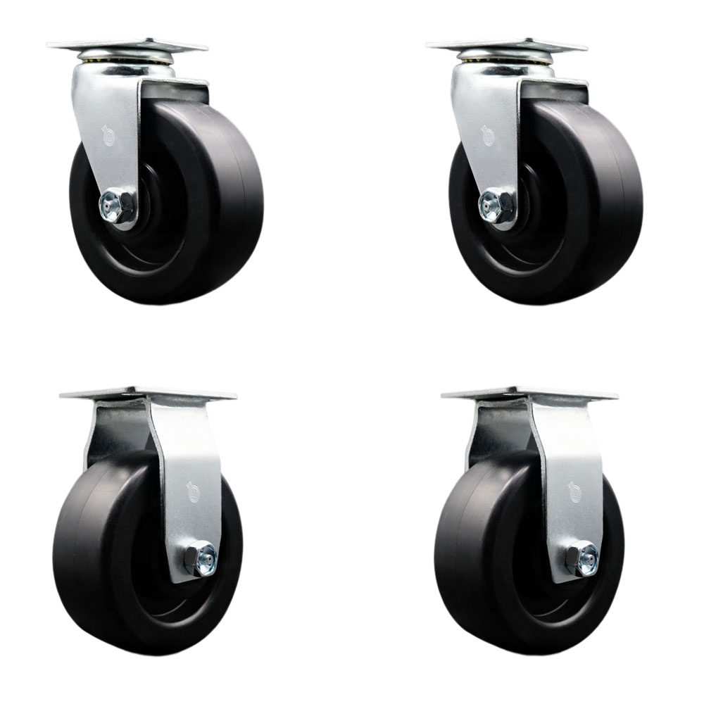 Swivel and Rigid Top Plate Caster Set – Black 5 Inch by 2 Inch Polyolefin Wheel – Roller Bearing – 1,800 lbs. Total Capacity – Includes 2 Swivel and 2 Rigid Casters – Service Caster Brand — photo 1