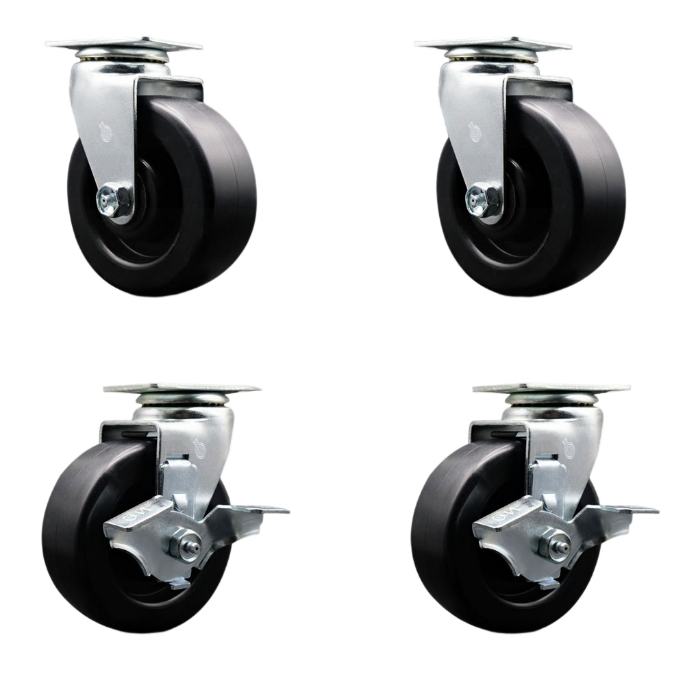 Swivel Top Plate Caster Set – Black 5 Inch by 2 Inch Polyolefin Wheel – Roller Bearing – 1,800 lbs. Total Capacity – Includes 2 Locking Swivel Casters and 2 Swivel Casters – Service Caster Brand — photo 1