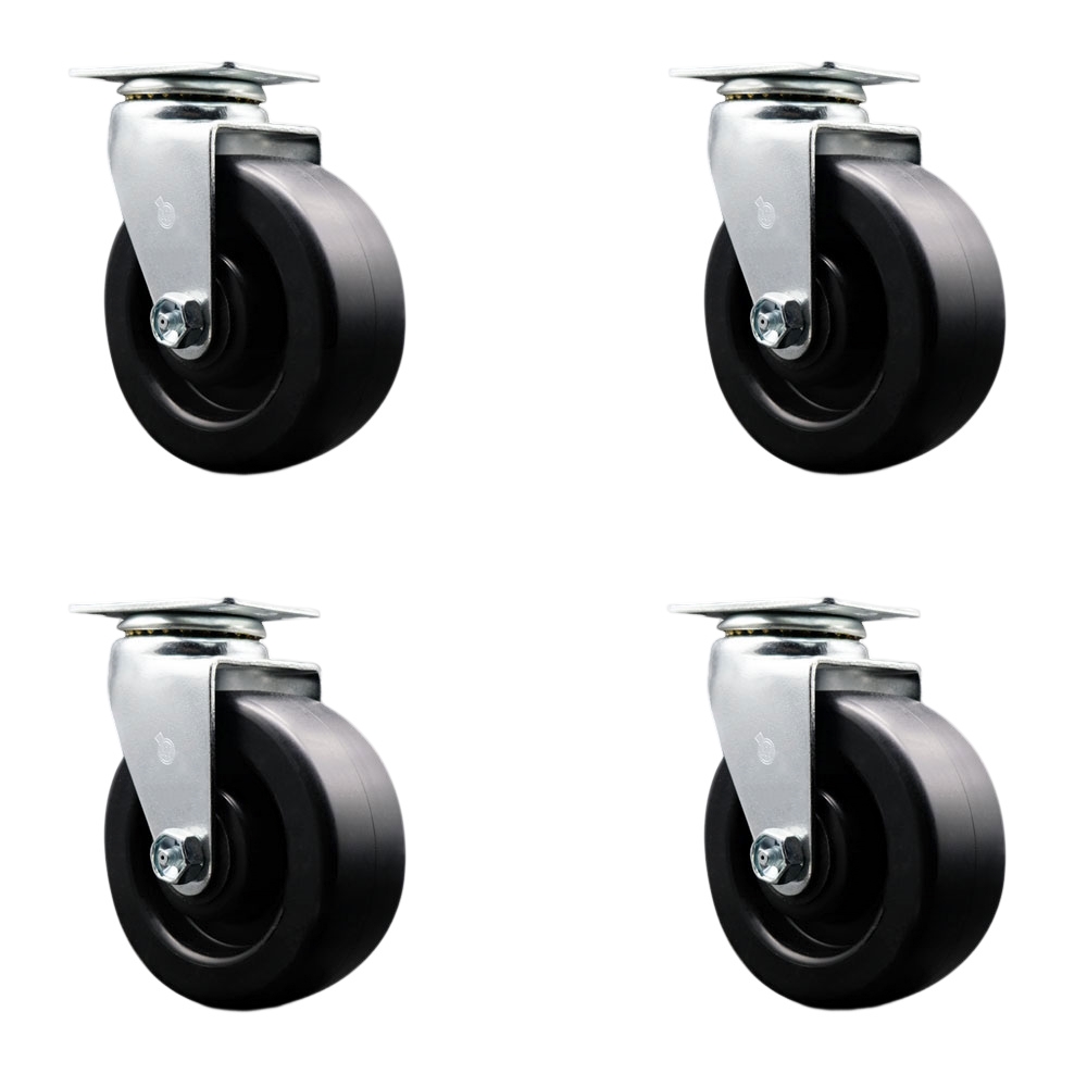 Swivel Top Plate Caster Set – Black 5 Inch by 2 Inch Polyolefin Wheel – Roller Bearing – 1,800 lbs. Total Capacity – Includes 4 Swivel Casters – Service Caster Brand — photo 1