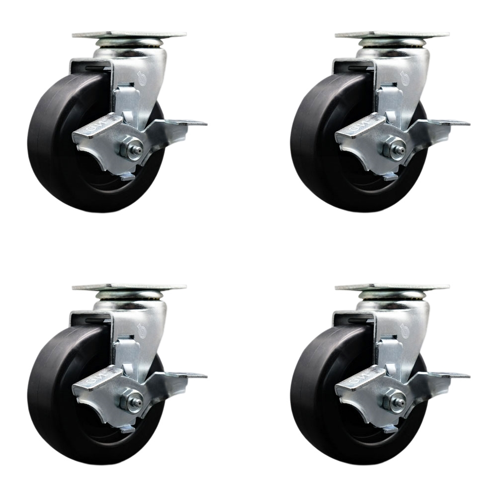 Swivel Top Plate Caster Set – Black 5 Inch by 2 Inch Polyolefin Wheel – Roller Bearing – 1,800 lbs. Total Capacity – Includes 4 Swivel Casters with Top Locking Brakes – Service Caster Brand — photo 1