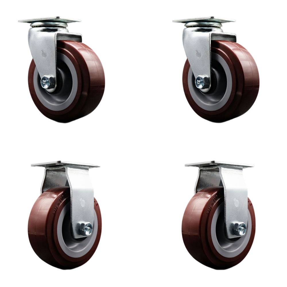 Swivel and Rigid Top Plate Caster Set – Maroon 5 Inch by 2 Inch Polyurethane on Polyolefin Wheel – Ball Bearing – 1,800 lbs. Total Capacity–Includes 2 Swivel and 2 Rigid Casters–Service Caster Brand — photo 1