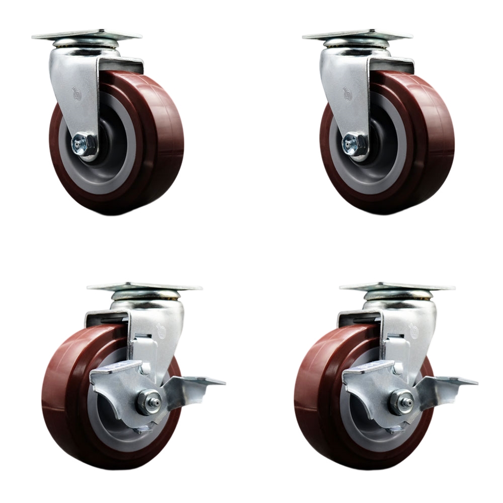 Swivel Top Plate Caster Set – Maroon 5 Inch by 2 Inch Poly on Polyolefin Wheel – Roller Bearing – 1,800 lbs. Total Capacity –Includes 2 Locking Swivel Casters and 2 Swivel Casters–Service Caster Brand — photo 1